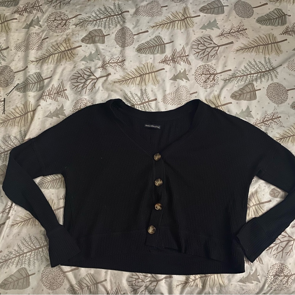 Darkest Navy Blue Button-Front Cropped Knit Cardigan